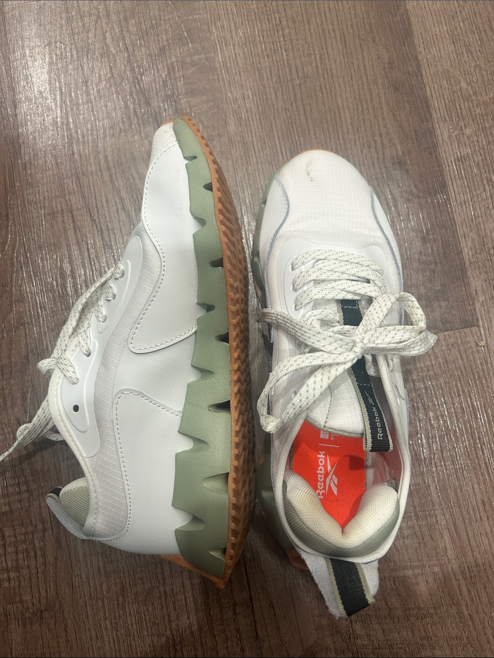Reebok Women’s White Sneakers with Olive Green and Gum Outsole